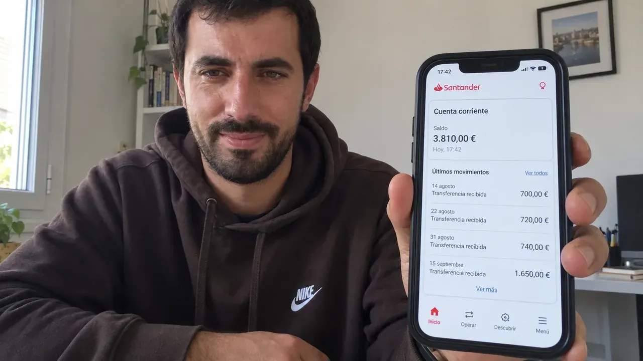 Mateo Soria muestra la aplicación del Santander desde su piso. Se ven cuatro transferencias recibidas de Pinnacle Signal GPT S.A. entre el 14 de agosto y el 15 de septiembre. Saldo final 3.810 €